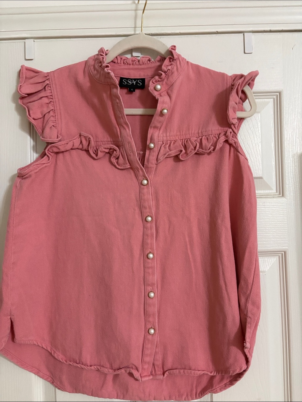 SSYS Pink Ruffle Pearl-Button Sleeveless Blouse